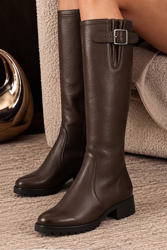 Women's dark brown custom-made buckle knee-high boots with round toe and chunky rubber lug sole - Worn view
